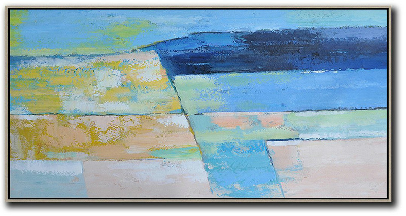 Horizontal Palette Knife Contemporary Art,Original Art Acrylic Painting,Dark Blue,Ske Blue,Yellow,Pink